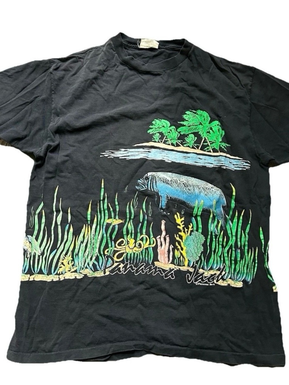 Vintage Panama Jack Black T Shirt Exotic Sea Life One Size Black Single Stitch